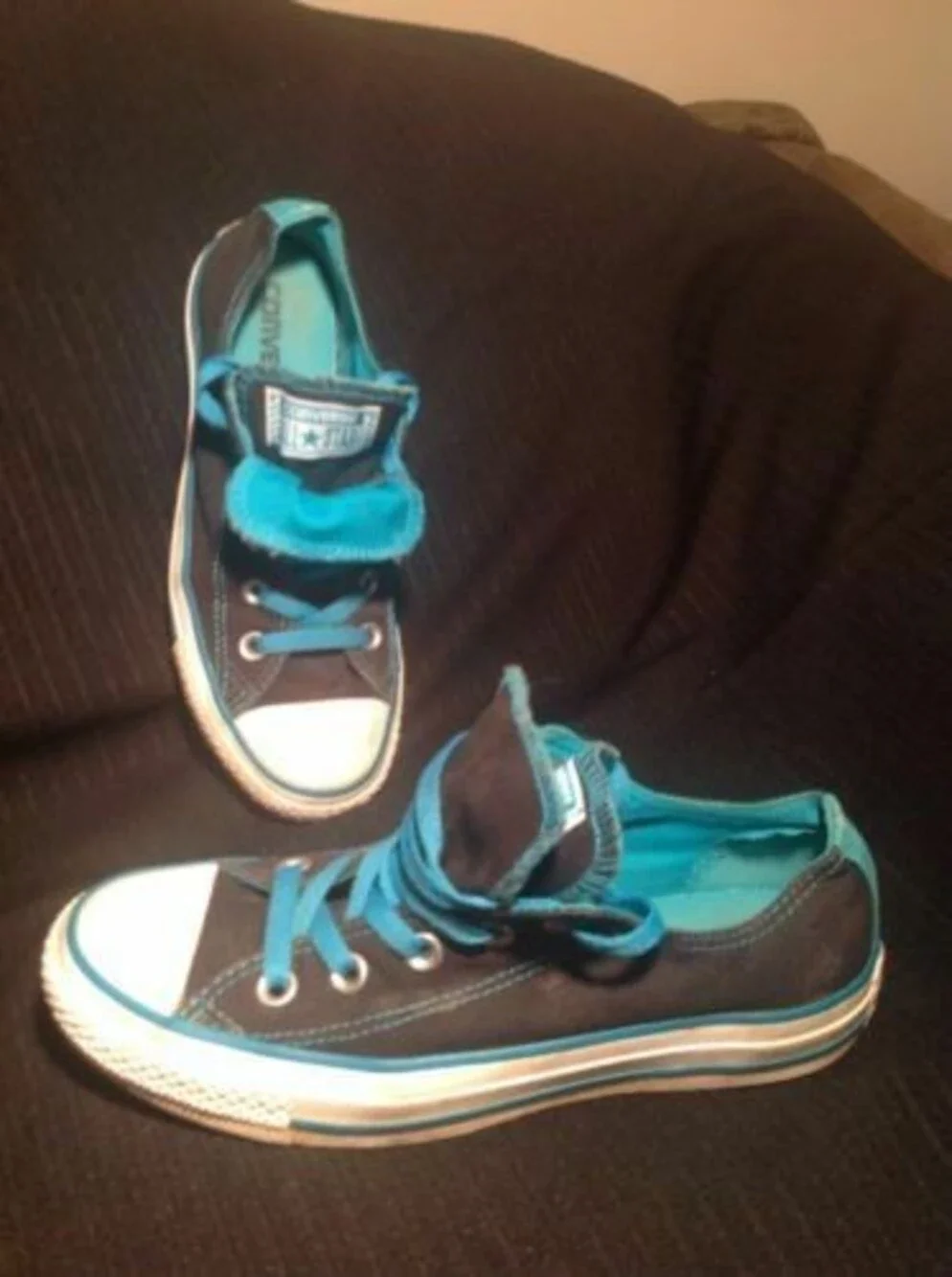 CONVERSE ALL STAR BLACK W BLUE DOUBLE TONGUE Low Top Canvas Sneakers Women's 6M